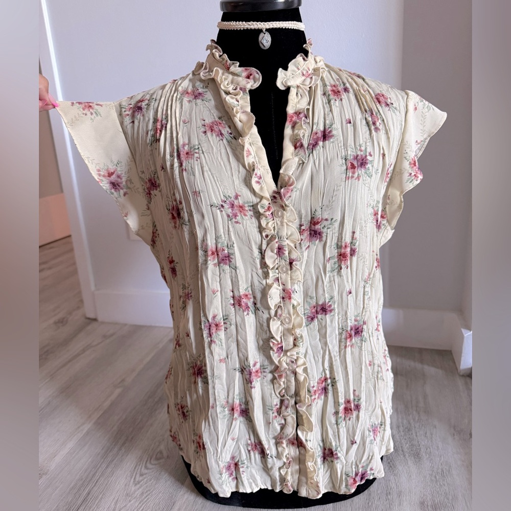 Vintage Y2K Allison Taylor Floral Ruffle Flutter Sleeve Crepe Button Blouse Med